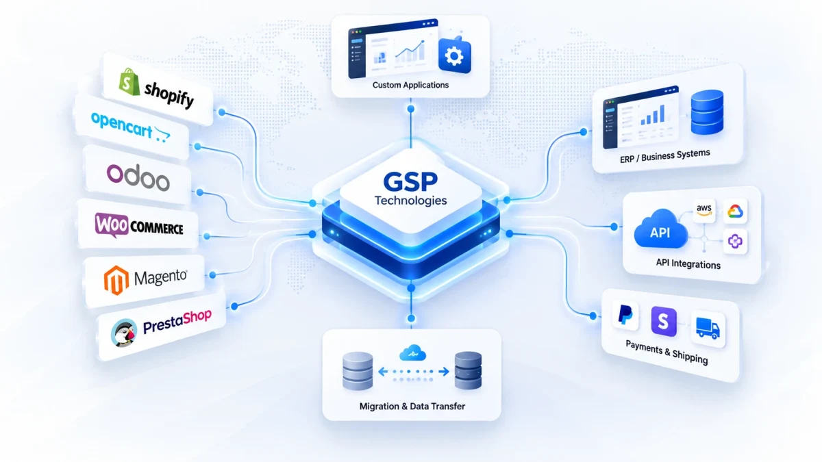 Connect Commerce Systems — Shopify, OpenCart, Odoo and WooCommerce connected with custom apps, ERP/CRM, marketplaces and payment and shipping systems